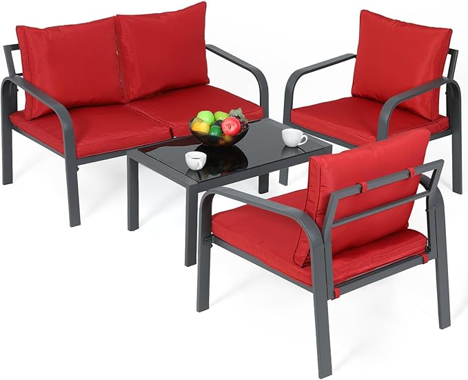 MoNiBloom 4 Pieces Outdoor Patio Furniture, All Weather Conversation Set with Tempered Glass Coffee Table for Garden Backyard Porch Balcony Poolside Deck Lawn, Loveseat Couch and Chairs with Cushions