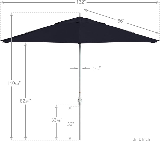 California Umbrella 11Ft Premium Sunbrella Patio Umbrella, Hand-Crank, Tilt-Collar, White Frame, Navy Fabric