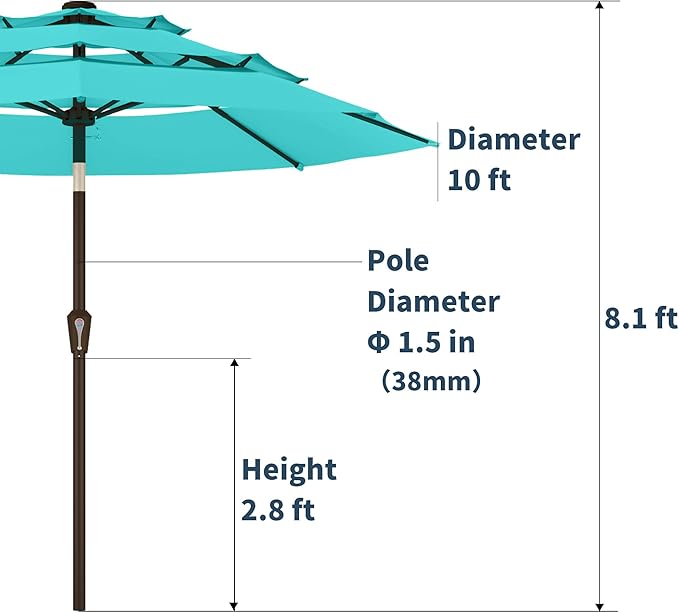PatioKingdom 9ft 3-Tier Patio Market Umbrella with Crank/Tilt, Commercial Heavy Duty Wind Proof,Outdoor Table Umbrella with 8 Fiberglass Ribs,UPF50+ for Deck,Pool,Garden,Backyard (Peacock Blue)