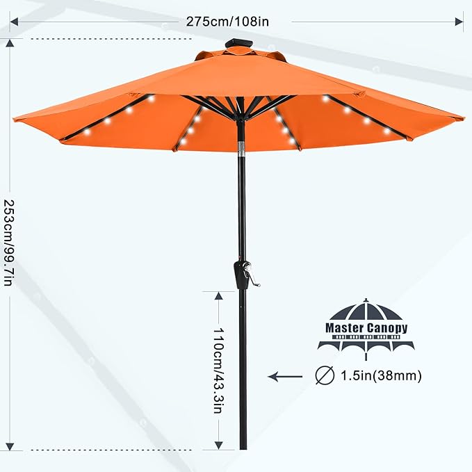 MASTERCANOPY 9FT 8Ribs Patio Umbrella with 32 Solar LED Lights, Outdoor Market Umbrella with Tilt & Crank, UV Protection & Fade Resistant Fabric, Easy Set-Up for Garden, Deck, Pool (Orange)