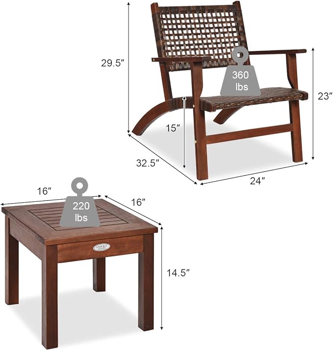Tangkula 3 Pieces Patio Conversation Set, Solid Eucalyptus Wood Frame Outdoor Wicker Furniture Set Bistro Set with Coffee Table, Rattan Furniture Set for Backyard Porch Garden Poolside Balcony (Brown)