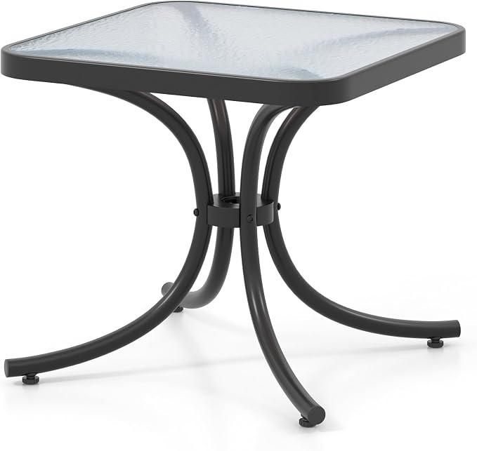 HAPPYGRILL Outdoor Side Table Square Patio End Table with Tempered Glass Top, 20" Bistro Table with Heavy-Duty Metal Frame, Indoor Small Compact Coffee Table for Garden Backyard Poolside