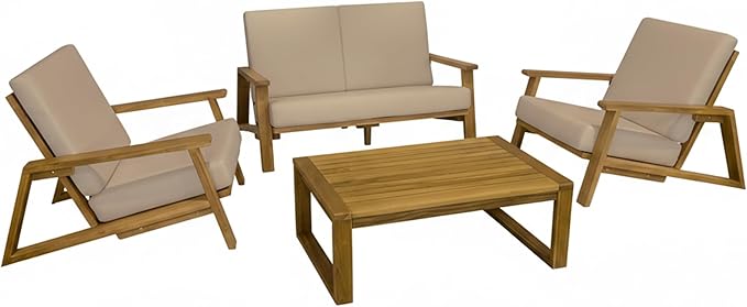Kinger Home Ezra 4-Piece Deep Seating Teak Wood Patio Furniture Set, Cushioned Loveseat, Armchairs and Coffee Table