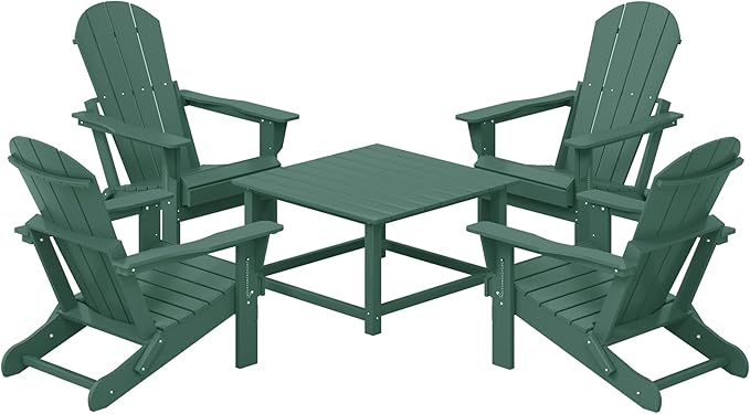 Costaelm Patio Conversation Set, 5 Piece Balcony Furniture, Small Patio Firepit Furniture Outdoor Adirondack Square Coffee Table and Chair for Backyard Lawn Porch Pool Garden, Dark Green