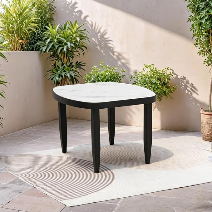 Modern Outdoor Side Table with Sintered Stone Top, Aluminum Frame, Black Finish, Weatherproof & Rust-Free for Patio