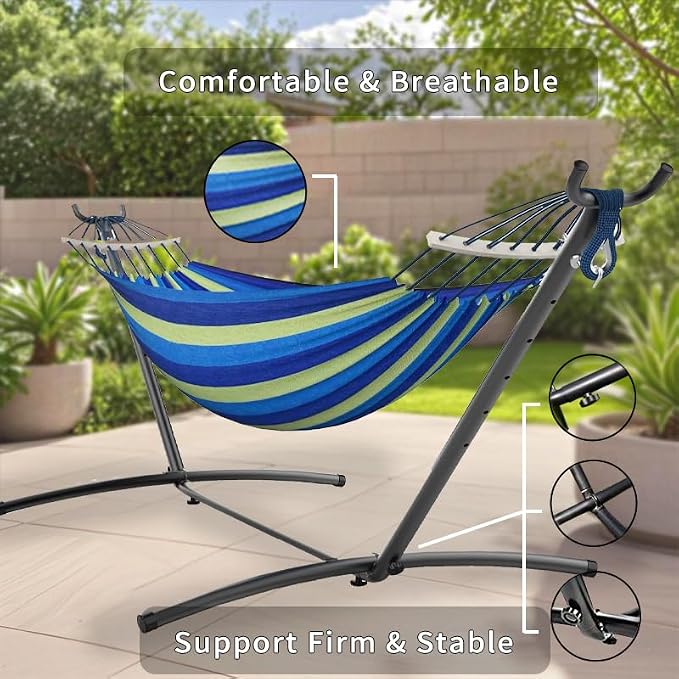 ANAGOO Double Hammock with Stand, 2 Person Hammock with Anti-Rollover Spreader Bar, Adjustable Height Heavy Duty Steel Stand, 500LB Capacity Portable Hammock for Patio Backyard Camping, Wide Blue