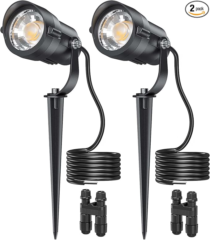 HIBOITEC Spotlights Low Voltage Landscape Lighting with Connectors 600LM 2900K Landscape Lights Kit 12-24V AC/DC IP65 Waterproof for House Yard Trees Garden Outdoor 2Packs