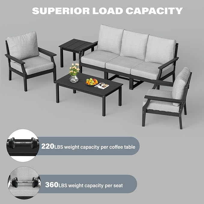 HDPE Patio Conversation Set, 7-Piece All Weather Outdoor Furniture Set with 2 Single Armchairs for Deck, Lawn, with Cushion, Black
