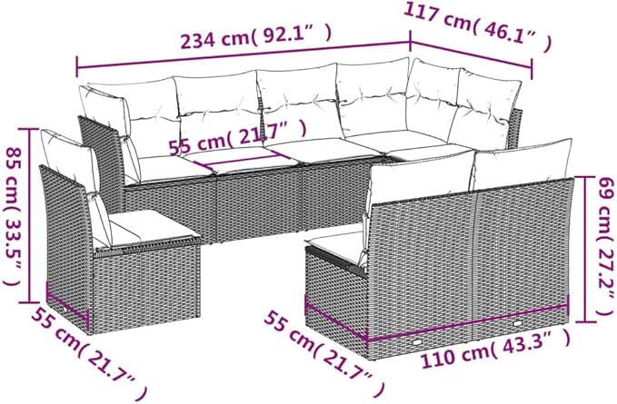 8 Piece Patio Sofa Set with Cushions, Outdoor Sofa Sets Garden Lounge Set Outdoor Dining Sets Patio Conversation Set for Garden Exhibition Piazza Poolside Black Poly Rattan