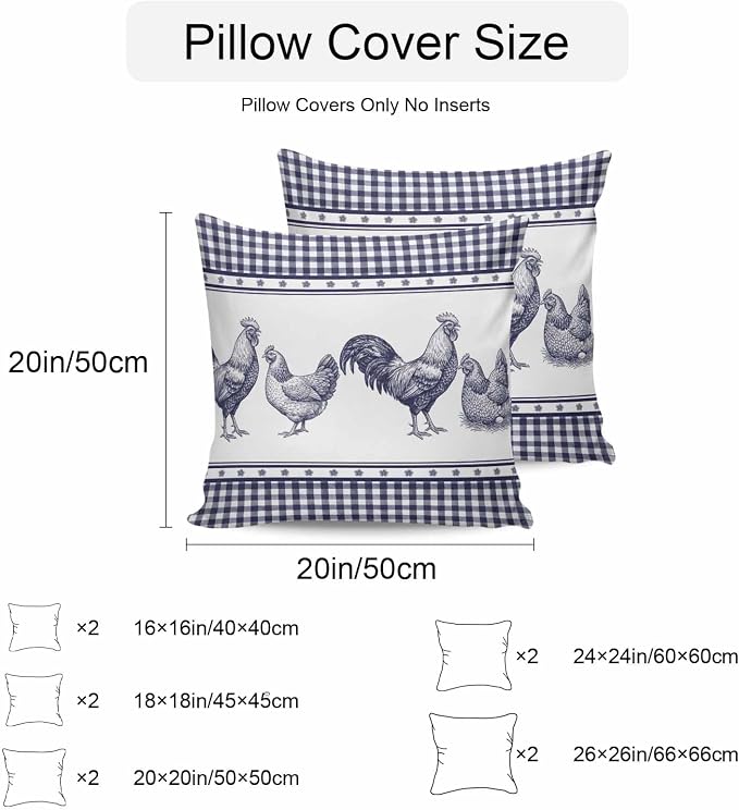 Navy Blue Rooster Outdoor Pillow Covers 18x18 Inch Throw Pillow Covers Set of 2 Waterproof Decorative Pillow Cases Vintage Farmhouse Blue Plaid Cushion Covers for Patio Furniture Garden Couch Sofa