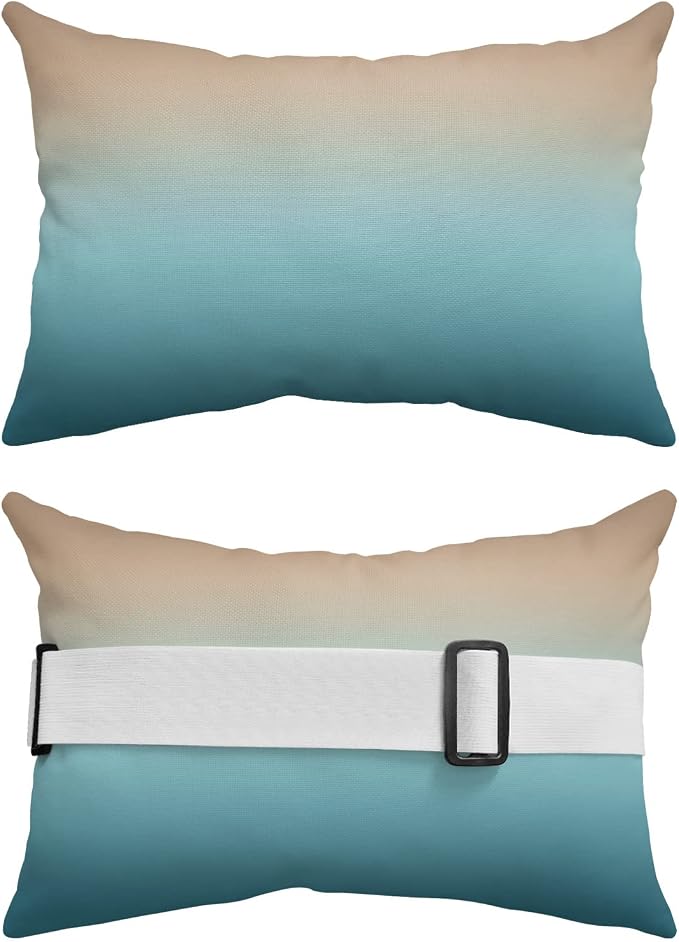 Outdoor Chaise Lounge Head Pillow, Ombre Brown Turquoise Throw Pillow Soft Lumbar Pillows with Elastic Straps and Insert, 2 Pack Headrest Cushion for Patio Pool Beach Abstract Painting 11"x16"
