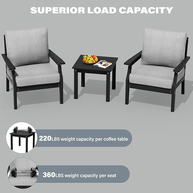 HDPE Patio Conversation Set, 3-Piece All Weather Outdoor Furniture Set with 2 Single Sofas for Deck, Lawn, with Cushion, Black