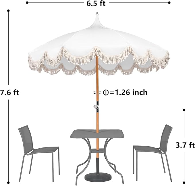 6.5ft Pagoda Beach Umbrella with Fringe, UPF 50+ Boho Umbrellas with Carry Bag, Premium Wood Pole Foldable Tassel Umbrella for Outdoor Garden Lawn Pool Yard Table