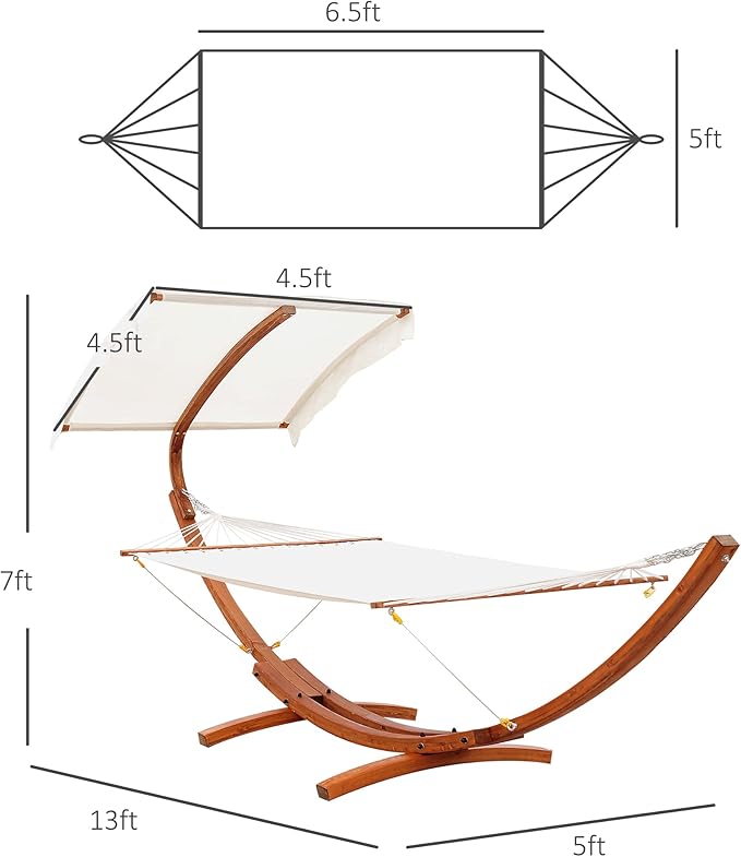 Outsunny 13FT Wooden Arc Hammock with Canopy, Outdoor Hammock Bed with Wood Arc Stand for Patio Balcony Garden Backyard, White
