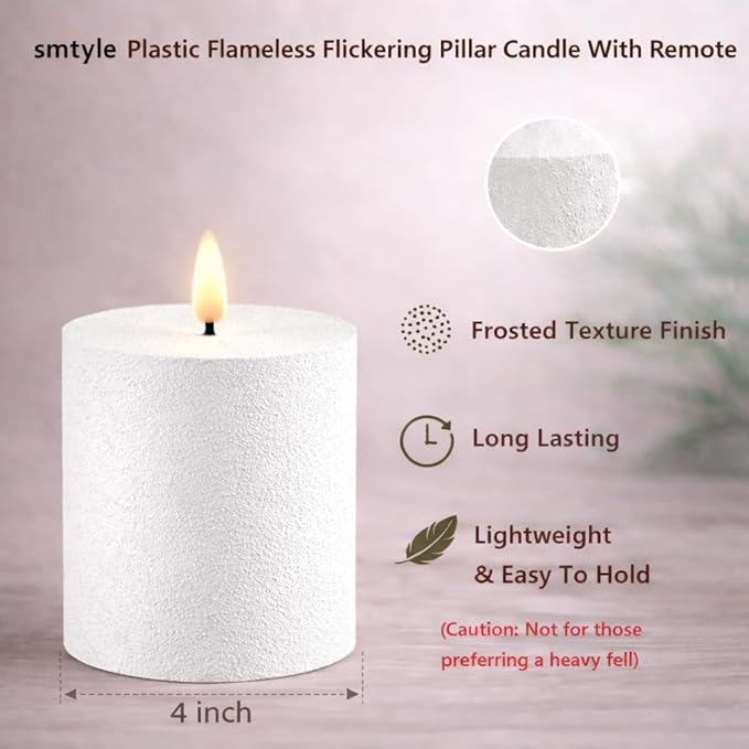 smtyle 4"x4" White Plastic Flickering Textured Flameless Battery Operated LED Pillar Candles with Remote Set of 2 for Centerpieces Table Wedding Party Garden Christmas Decor