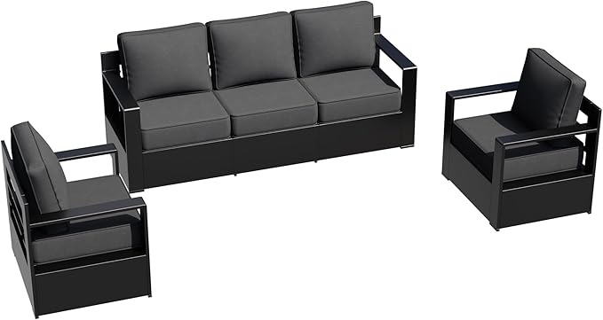 Outdoor Aluminum Furniture Set, 3-Piece Patio Conversation Set, 2 Chairs and 1 Sofa, All-Weather Metal Frame, 6" Thick Removable Cushions, Deep Setting for Garden, Poolside and Porch