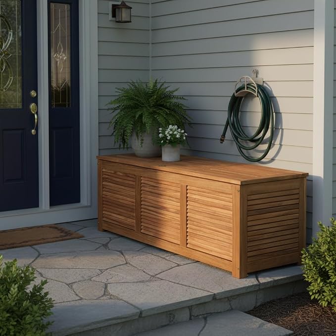 HOMGX Acacia Wood Deck Box with Teak Oil Finish, Sturdy Outdoor Storage Bench for Patio Garden Backyard, Versatile Patio Storage Box with Ventilated Slats & 355 lbs Capacity, 46 Gallon, Natural
