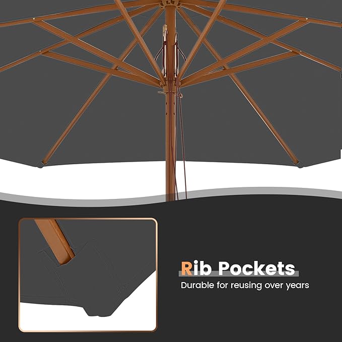Tangkula 10FT Patio Umbrella, Outdoor Table Market Umbrella w/8 Wooden Ribs, 3 Adjustable Heights, Rope Pulley System, Detachable Pole, Wooden Patio Umbrella for Garden, Poolside, Backyard (Grey)