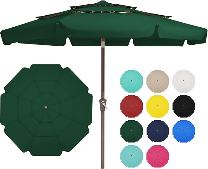JEAREY 3 Tiers 9 FT Patio Umbrellas Outdoor Table Umbrella with Push Button Market Umbrella 8 Sturdy Ribs UV Protection Waterproof for Garden,Dark Green
