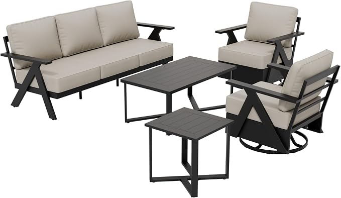 COOS BAY Iron Luxe 5 Piece Outdoor Patio Furniture Set, Modern Patio Conversation Set with 2 Swivel Rocking Chairs, a 3 Seat Couch, Coffee Table & Side Table for Deck, Garden, Porch, Black/Beige