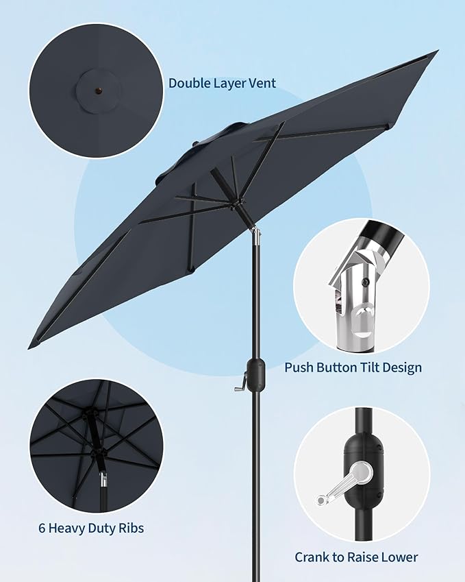 7.5-FT Outdoor Patio Umbrella with Push Button Tilt & Crank - Heavy-Duty Market Umbrella for Table, Garden, Pool, Deck, Backyard - 6 Sturdy Ribs,UV Protection & Waterproof Fabric,Dark Gray