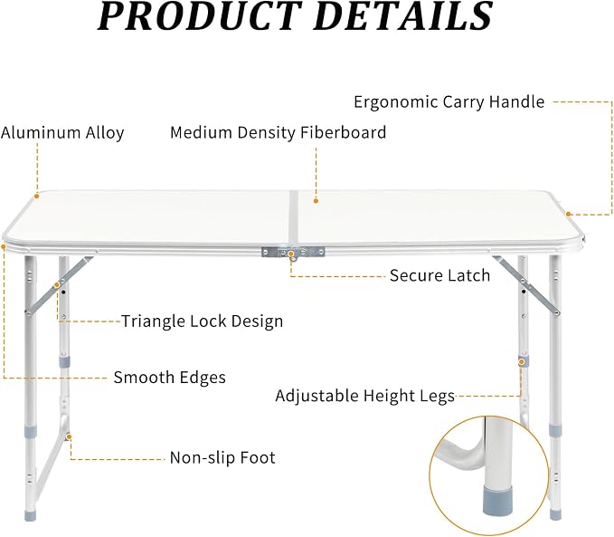 Aluminum Folding Camping Table,4ft Portable Folding Outdoor Table, 3 Adjustable Heights Lightweight Aluminum Table, with Carry Handle for Camping, Beach, BBQ,，Party，Camp Kitchen