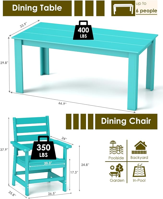 GREENVINES 7-Piece Outdoor-Dining-Set | HDPE Plastic 67'' Table and Chairs Sets for 6 | Patio Furniture | All Weather | Umbrella Hole | Aqua | for Poolside Garden Backyard