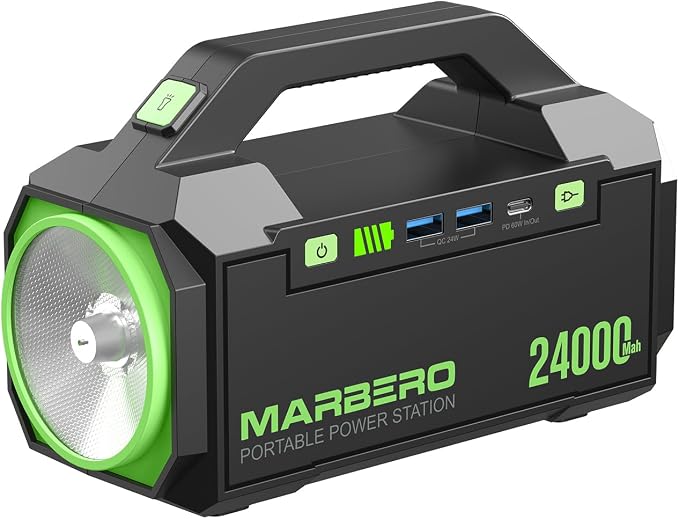 MARBERO Portable Charger Power Bank 24,000mAh Portable Power Station 88.8Wh Solar Generator 60W Power Bank with USB QC3.0/PD3.0 Output for Camping Emergency Travel Fishing Outdoor Exploration