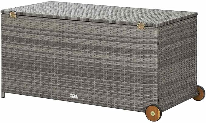 Patio Storage Box Light Gray Poly Rattan Weather Resistant Deck Cushion Container 47.2"x25.6"x24" Outdoor Garden Bench Chest with Wheels and Lockable Lid for Backyard Porch