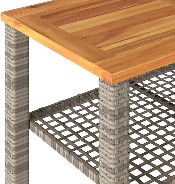 Small Garden Table with Acacia Wood Top, 27.6x15x16.5 Inch Poly Rattan Outdoor Table for Patio Backyard