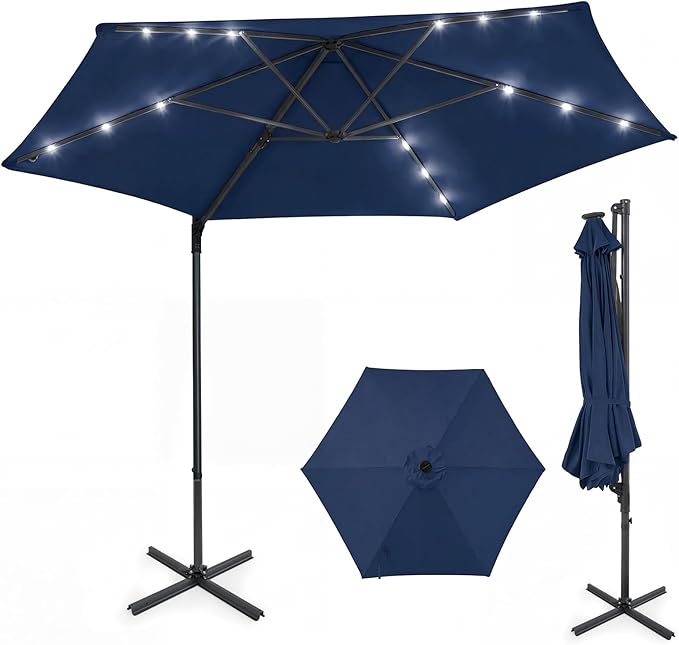 Tangkula 10ft Patio Umbrella with Solar Lights, Offset Cantilever Outdoor Umbrella with LED Lights, 360 Degree Rotation, Air Vent for Pool Deck Garden Backyard (Navy)