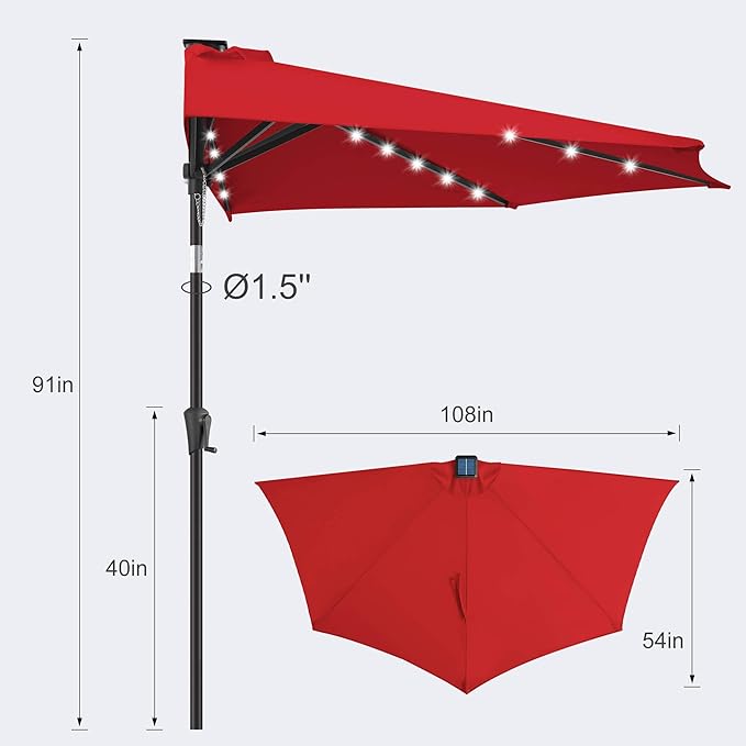 FLAME&SHADE 9 FT Solar Half Patio Umbrella with 25 LED Lights, Half Outdoor Umbrella with Button Tilt, Half Round Table Umbrella For Deck, Backyard, Balconies, Decks, Rvs, UV Protection (Red)