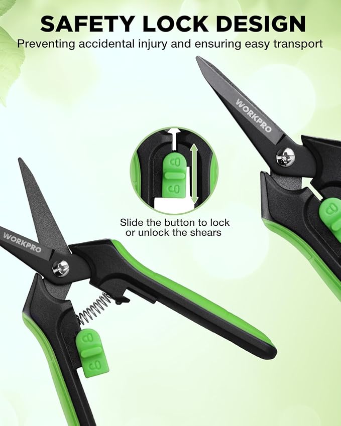 WORKPRO 6-Inch Garden Pruning Shears, Sharp High-Carbon Steel Harvest Snips with Nonstick Teflon Coating, Spring-Loaded Gardening Scissors with Safety Lock, for Flower, Fruit & Vegetable Picking