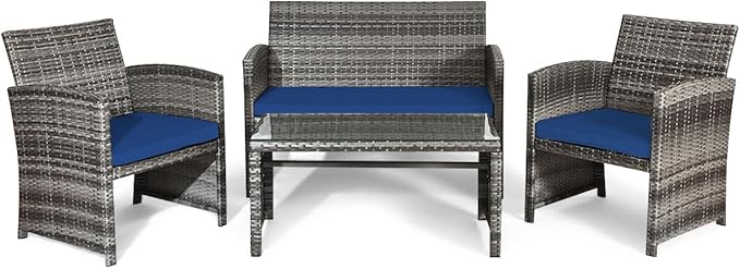 Giantex 4 Pc Patio Conversation Set, Rattan Loveseat & Patio Chairs with Cushioned Seat, Wicker Coffee Table, Outdoor Furniture Set for Front Porch Poolside Garden Lawn