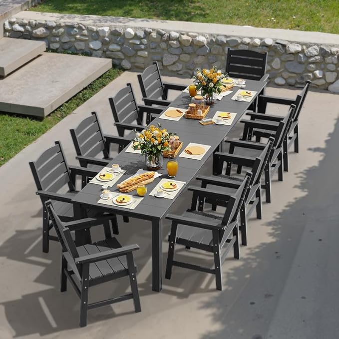 YEFU 12-Piece Patio Dining Sets: All-Weather Outdoor Table and Chairs Outside Furniture with Umbrella Hole & Aluminum Frame - HIPS Modern Patio Dining Set for 10 for Family Gathering in Deck/Pool Grey