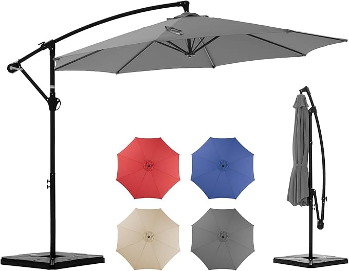 OLIXIS 9.8FT Offset Patio Umbrella with Base, Cantilever Table Umbrellas for Outdoor Sun Shade UV Protection with Easy Tilt Adjustment, 8 Ribs for Backyard, Lawn, Garden, Pool