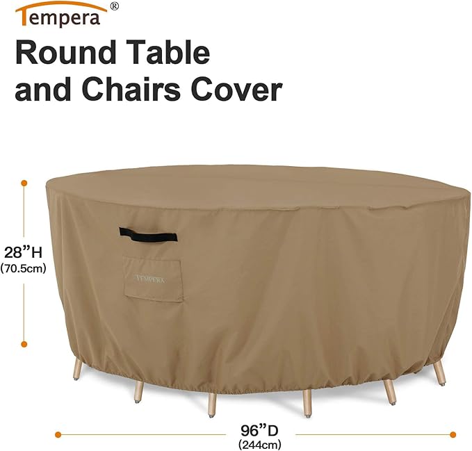 Tempera Outdoor Round Table Cover , Sectional Sofa , Dining Set cover , Anti-Fading , Waterproof Patio Cover for Outdoor Furniture, 96"D x 27.8"H, Taupe