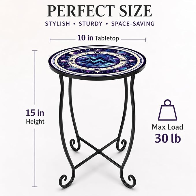 15 Inch Tall Patio Side Table, Small Patio Table for Outdoor Deck Porch Poolside, Ocean Wave Metal End Table, Rust Resistant Garden Stool Matches Mosaic Outdoor Side Table Decor