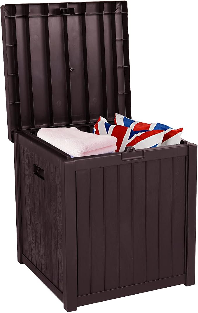 51Gallon Small Deck Box,Waterproof Plastic Lockable Indoor/Outdoor Storage Container and Seat for Patio Cushions and Gardening Tools,Store Items on Patio, Garage, Yard (Brown)