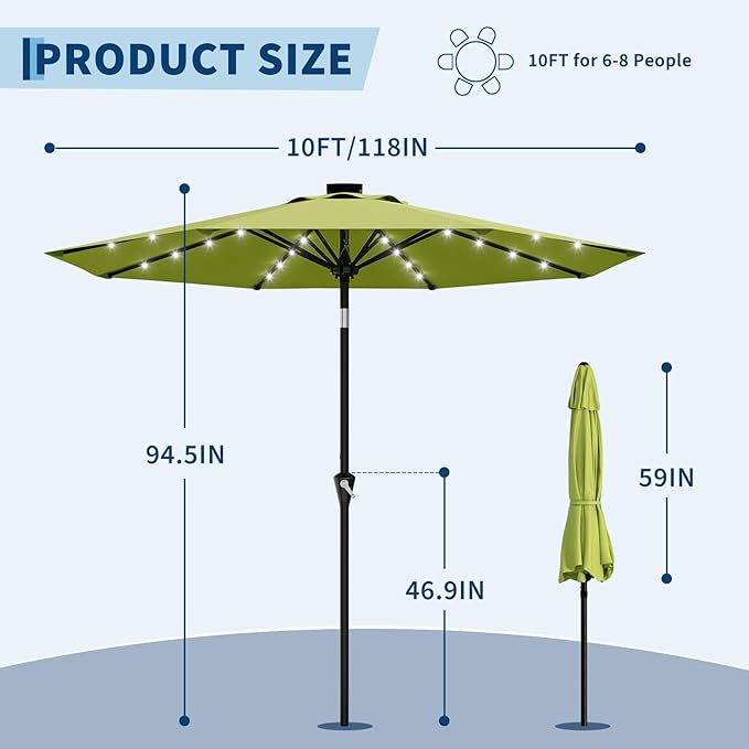 Garvee 10FT Solar Patio Umbrella with 32 LED Lights - Outdoor Table Umbrella with Crank Lift, Push Button Tilt and 8 Sturdy Ribs - Market Umbrella UV Protection for Pool, Deck, Yard, Garden