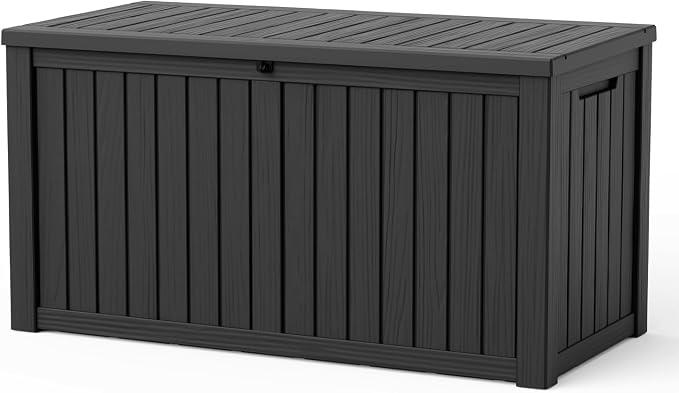 Pepe Tee 150 Gallon Waterproof Resin Deck Box, Outdoor Storage Bin for Patio Furniture Cushions, All-Weather Garden Organizer & Seating Bench, Black