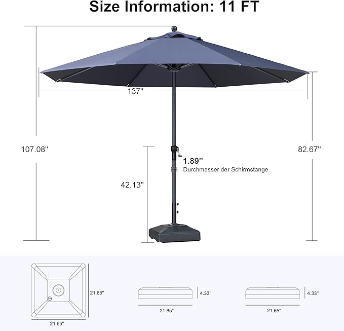 PURPLE LEAF 11' Round Patio Market Umbrella with Base Outdoor Table Umbrellas Aluminum Frame Sun Shade with 8 Sturdy Ribs for Garden Deck Lawn Pool Navy Blue