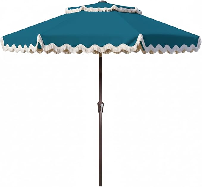 9FT Patio Umbrella with Fringe,Tassel Umbrella with Push-Button Tilt | UPF 50+ & Rust-Resistant Fiberglass Frame for Patio, Pool,Garden,Yard(Lake Blue)