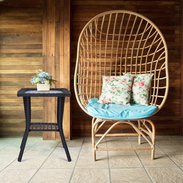Outdoor Wicker Side Table, Rattan End with Glass Top, Patio Coffee Bistro for Indoor Garden Porch Balcony (Black)