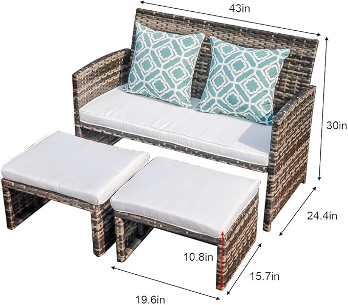 OC Orange-Casual Patio Furniture Wicker Conversation Set Pillows Included, Outdoor Loveseat Chairs with Ottomans, White Cushions w/Taupe Cushion Cover, Gray Wicker 6 Pieces