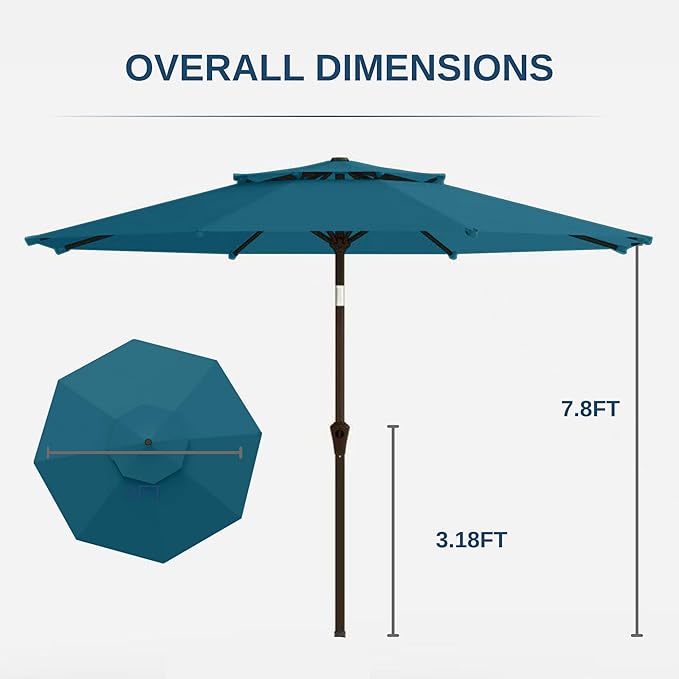 9ft 2-Tiers Patio Umbrella,Outdoor Market Table Umbrella with Push-Button Tilt & Crank | UV Protection,Suit for Backyard,Garden,Pool,Deck(Lake Blue)