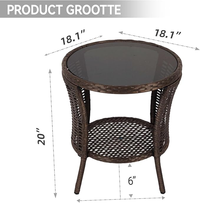 Outdoor Side Table - Patio Wicker End Table with Extra Storage Shelf, Rattan Outdoor Side Table with Round Glass Tabletop for Garden, Backyard, Porch, Black Gold