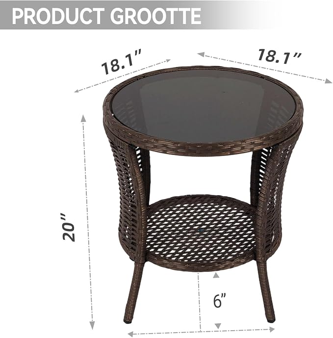 Kinfant Round Outdoor Wicker Side Table - with Tempered Glass Top, Patio End Table with Unique Shape, Storage Shelf for Balcony, Porch, Deck, Garden, Weather-Resistant, Easy Assembly, Black Gold