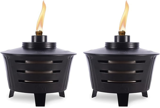 TIKI Mini Fire Pit Tabletop Torch 2-Pack, Outdoor Decorative TIKI Torch for Patio, Backyard, and Garden, Black Metal Tabletop Flame Torch, Includes Long Lasting Wick and Snuffer