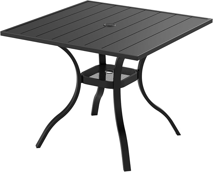 6 Piece Patio Dining Set Outdoor Furniture Set, Square Metal Patio Dining Table with Umbrella Hole & 9FT Patio Umbrella 4 Swivel Dining Chairs for Garden Lawn Yard